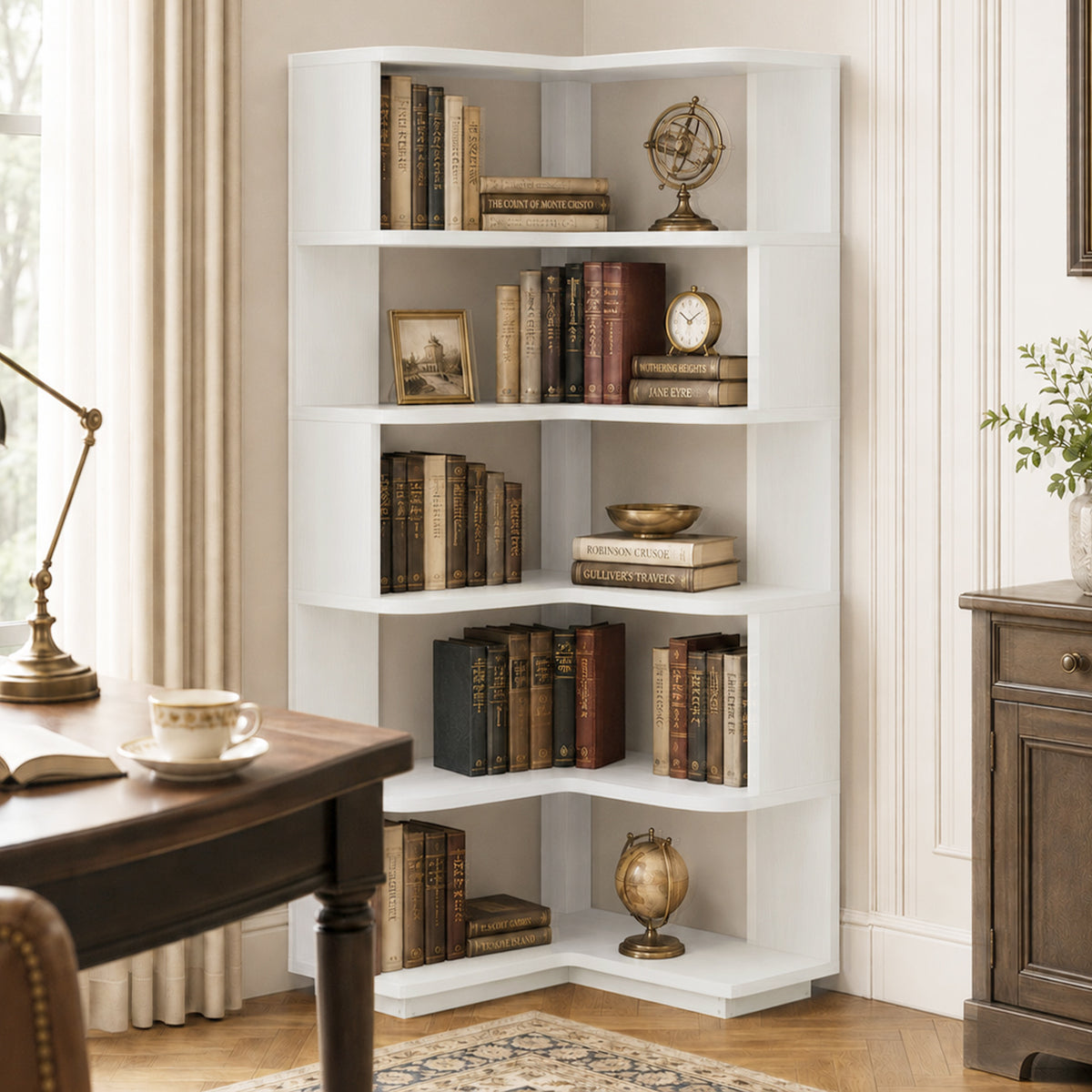 6-Shelf Corner Bookshelf, L-Shaped Tall Corner Shelf with Baffle, 90 Degree