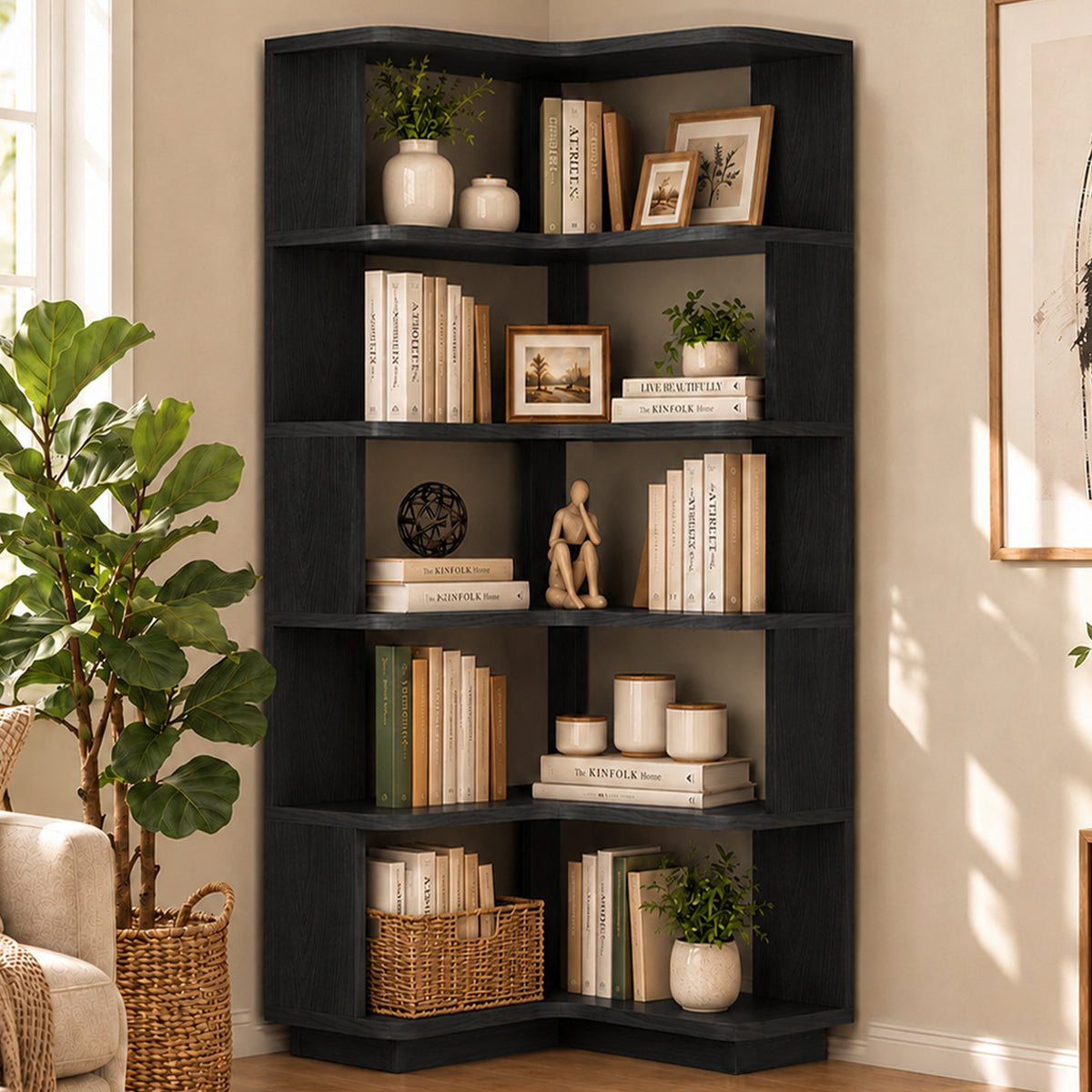 6-Shelf Corner Bookshelf, L-Shaped Tall Corner Shelf with Baffle, 90 Degree