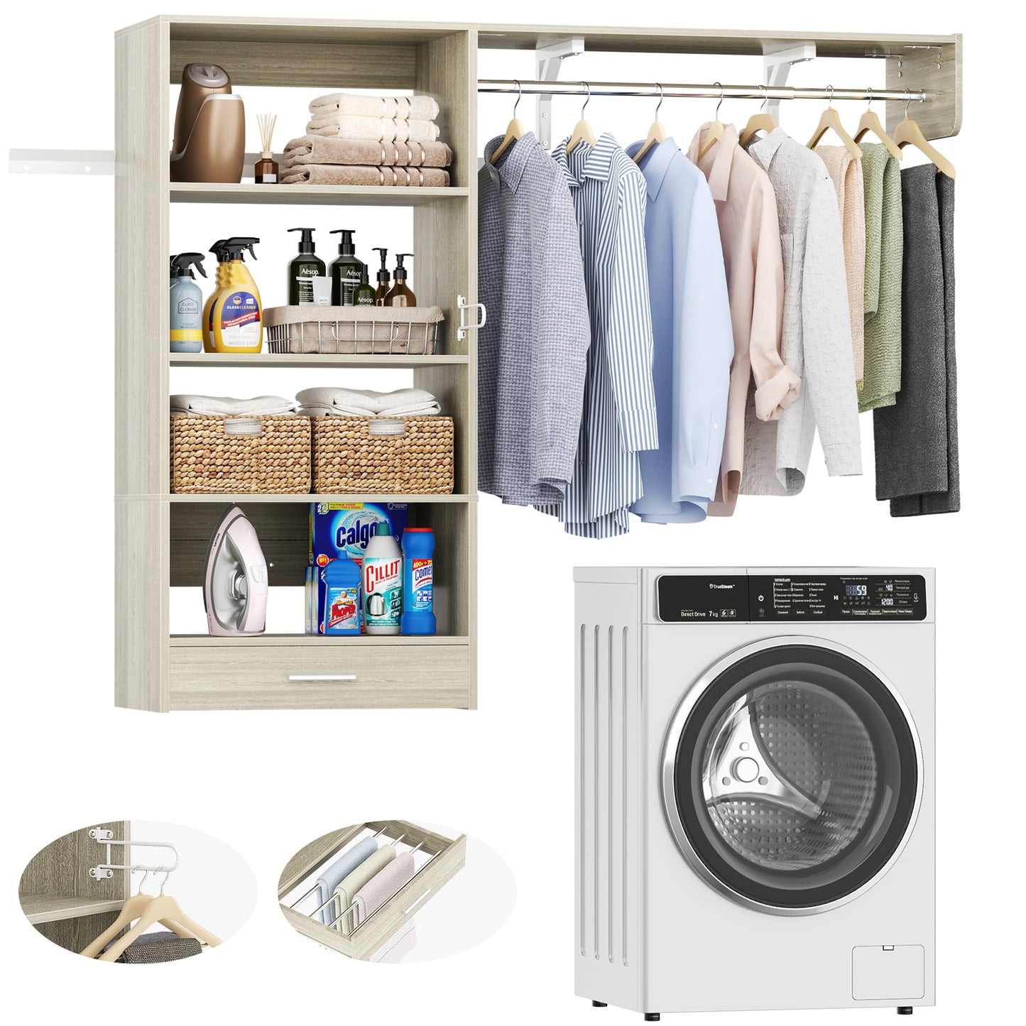 60" Wall Mounted Laundry Room Organization with Pull-out Clothes Drying Rack Drawer, 5FT Over Washer and Dryer Shelves With Hanger Rod