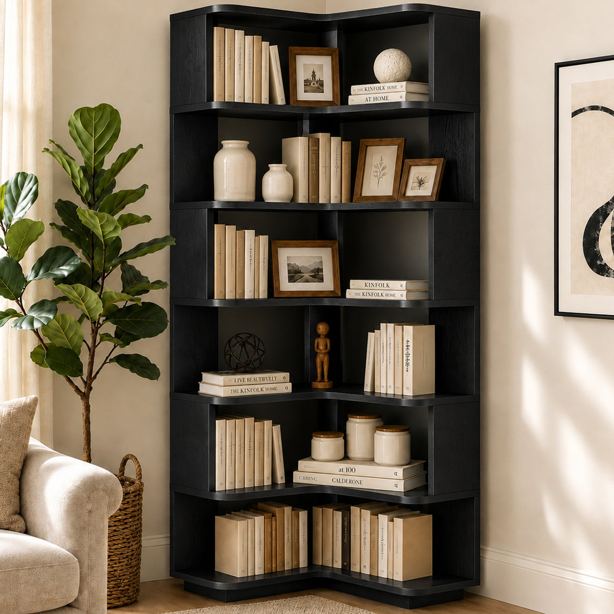 6-Shelf Corner Bookshelf, L-Shaped Tall Corner Shelf with Baffle, 90 Degree