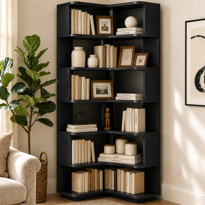 6-Shelf Corner Bookshelf, L-Shaped Tall Corner Shelf with Baffle, 90 Degree
