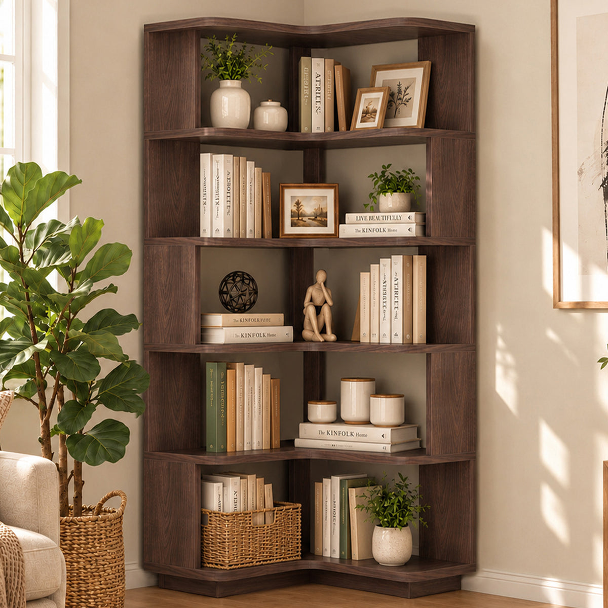 6-Shelf Corner Bookshelf, L-Shaped Tall Corner Shelf with Baffle, 90 Degree