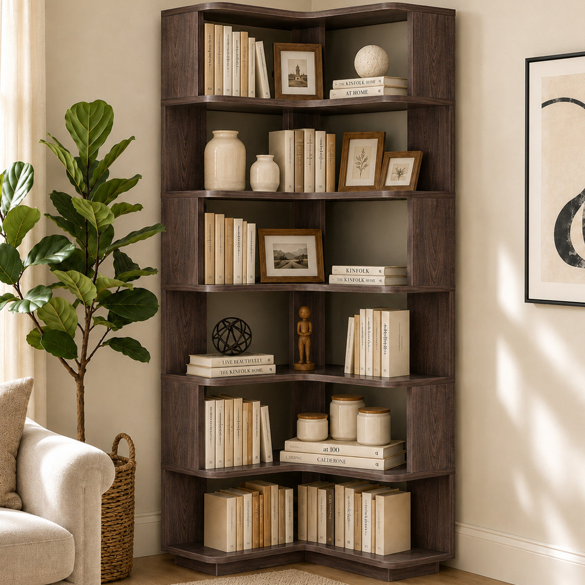 6-Shelf Corner Bookshelf, L-Shaped Tall Corner Shelf with Baffle, 90 Degree