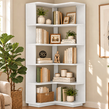 6-Shelf Corner Bookshelf, L-Shaped Tall Corner Shelf with Baffle, 90 Degree