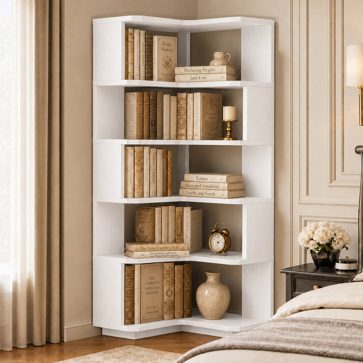 6-Shelf Corner Bookshelf, L-Shaped Tall Corner Shelf with Baffle, 90 Degree