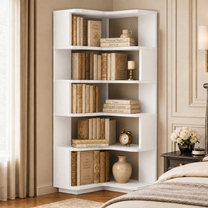 6-Shelf Corner Bookshelf, L-Shaped Tall Corner Shelf with Baffle, 90 Degree