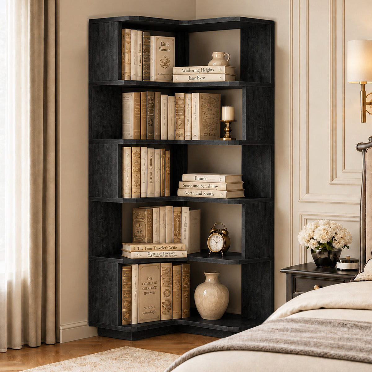 6-Shelf Corner Bookshelf, L-Shaped Tall Corner Shelf with Baffle, 90 Degree