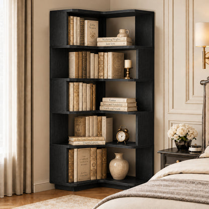 6-Shelf Corner Bookshelf, L-Shaped Tall Corner Shelf with Baffle, 90 Degree
