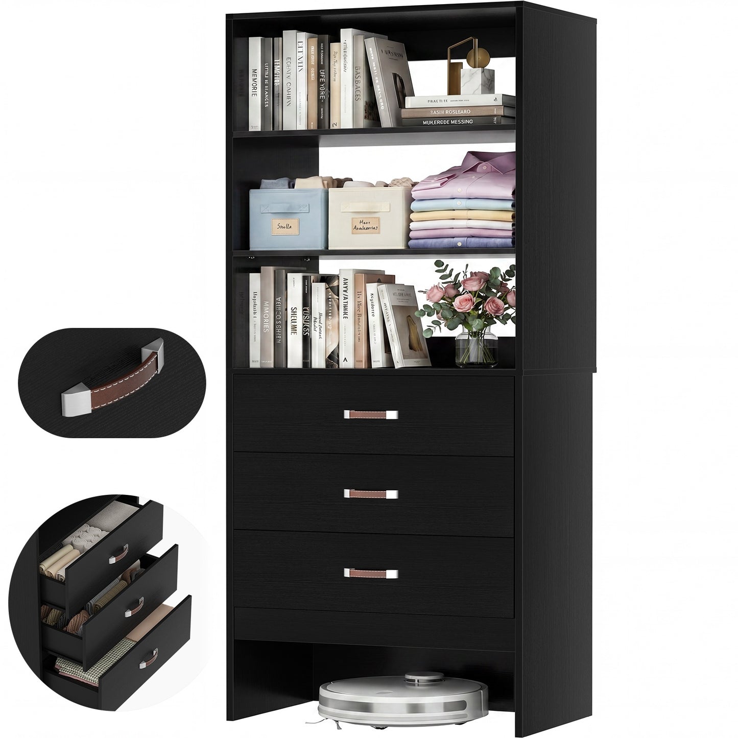 Freestanding 2FT Closet System with Leather Handles, 24" Walk-in Closets Storage Unit with Cabinet