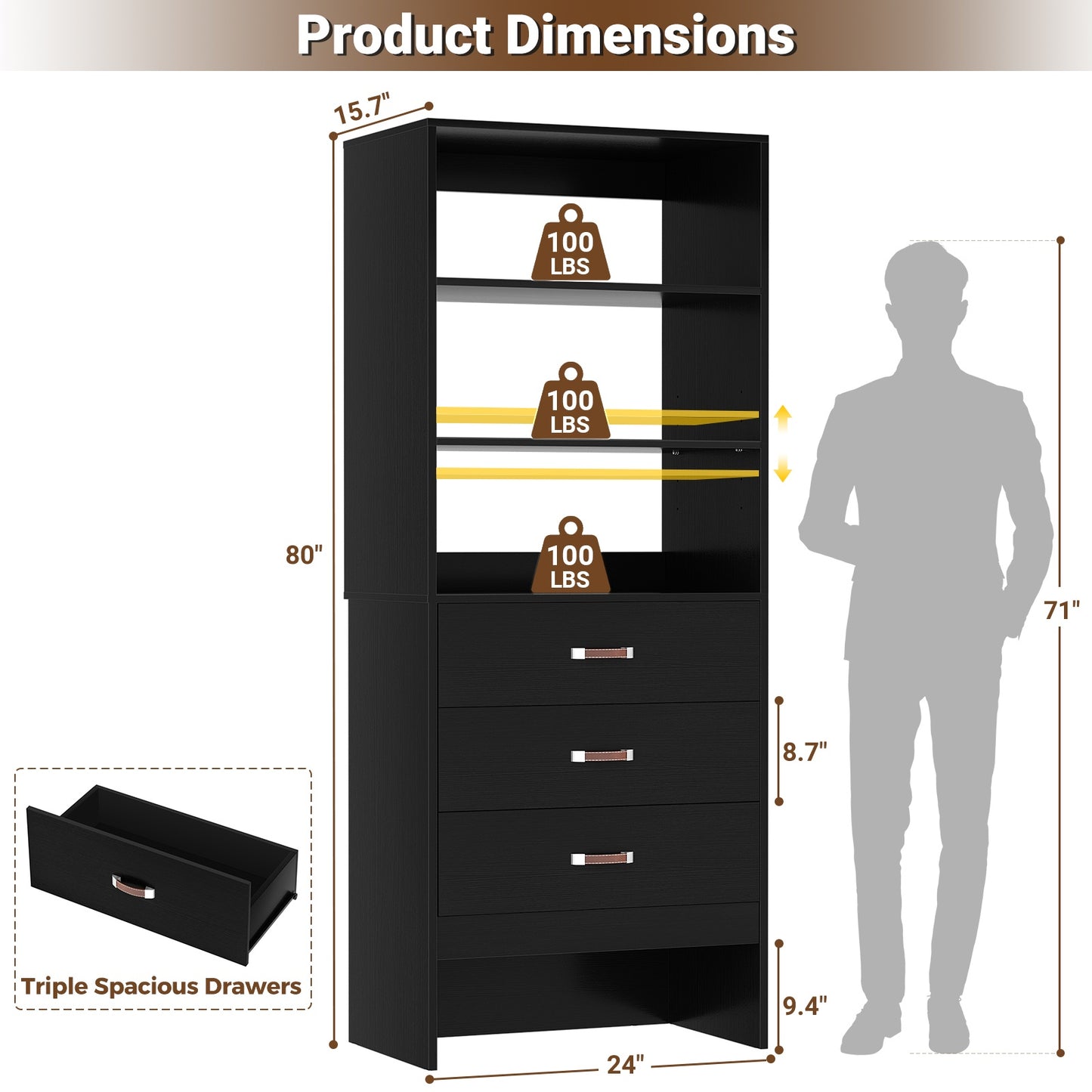 Freestanding 2FT Closet System with Leather Handles, 24" Walk-in Closets Storage Unit with Cabinet