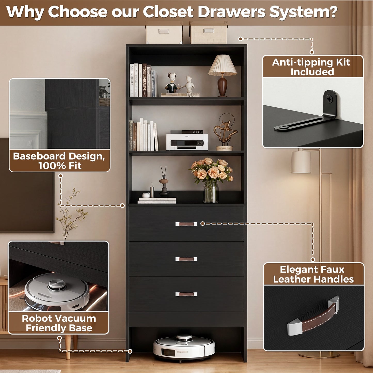 Freestanding 2FT Closet System with Leather Handles, 24" Walk-in Closets Storage Unit with Cabinet