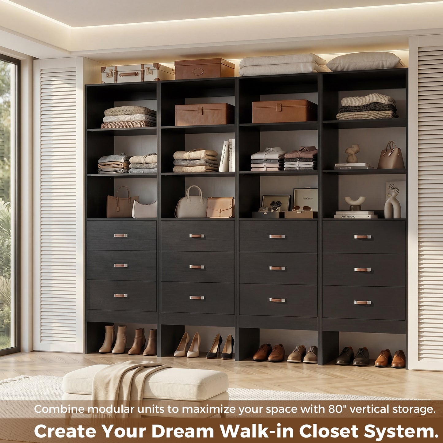 Freestanding 2FT Closet System with Leather Handles, 24" Walk-in Closets Storage Unit with Cabinet