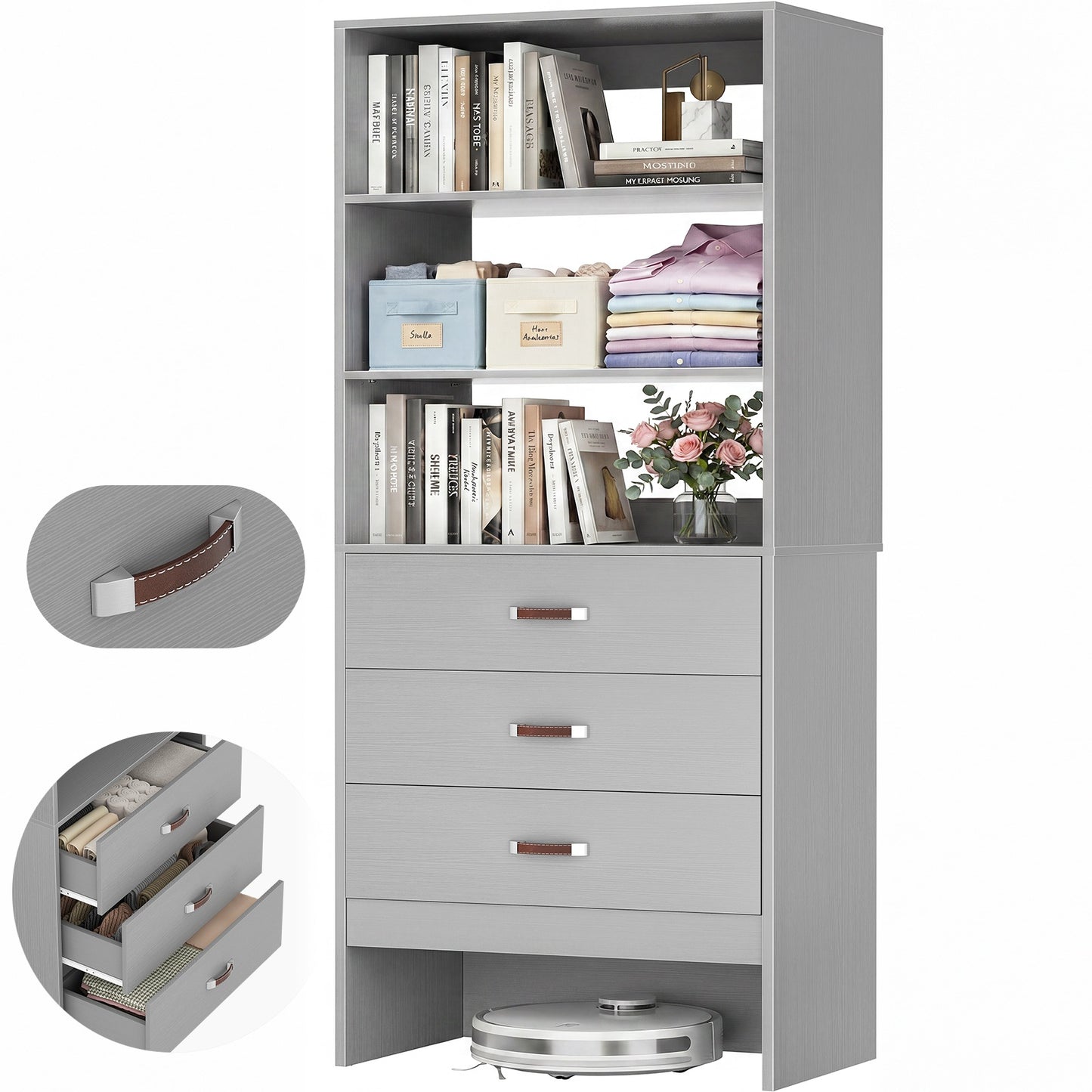 Freestanding 2FT Closet System with Leather Handles, 24" Walk-in Closets Storage Unit with Cabinet