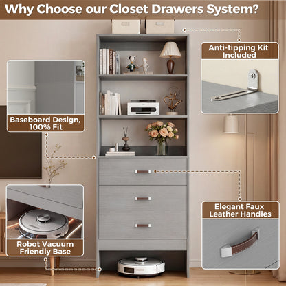 Freestanding 2FT Closet System with Leather Handles, 24" Walk-in Closets Storage Unit with Cabinet