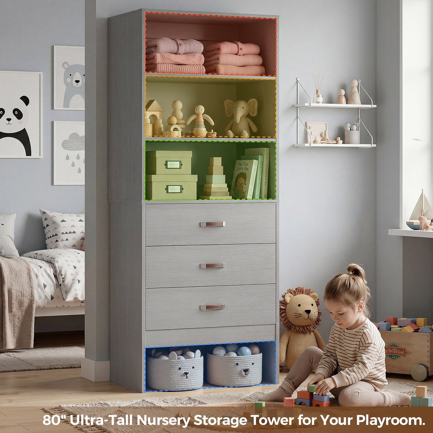 Freestanding 2FT Closet System with Leather Handles, 24" Walk-in Closets Storage Unit with Cabinet