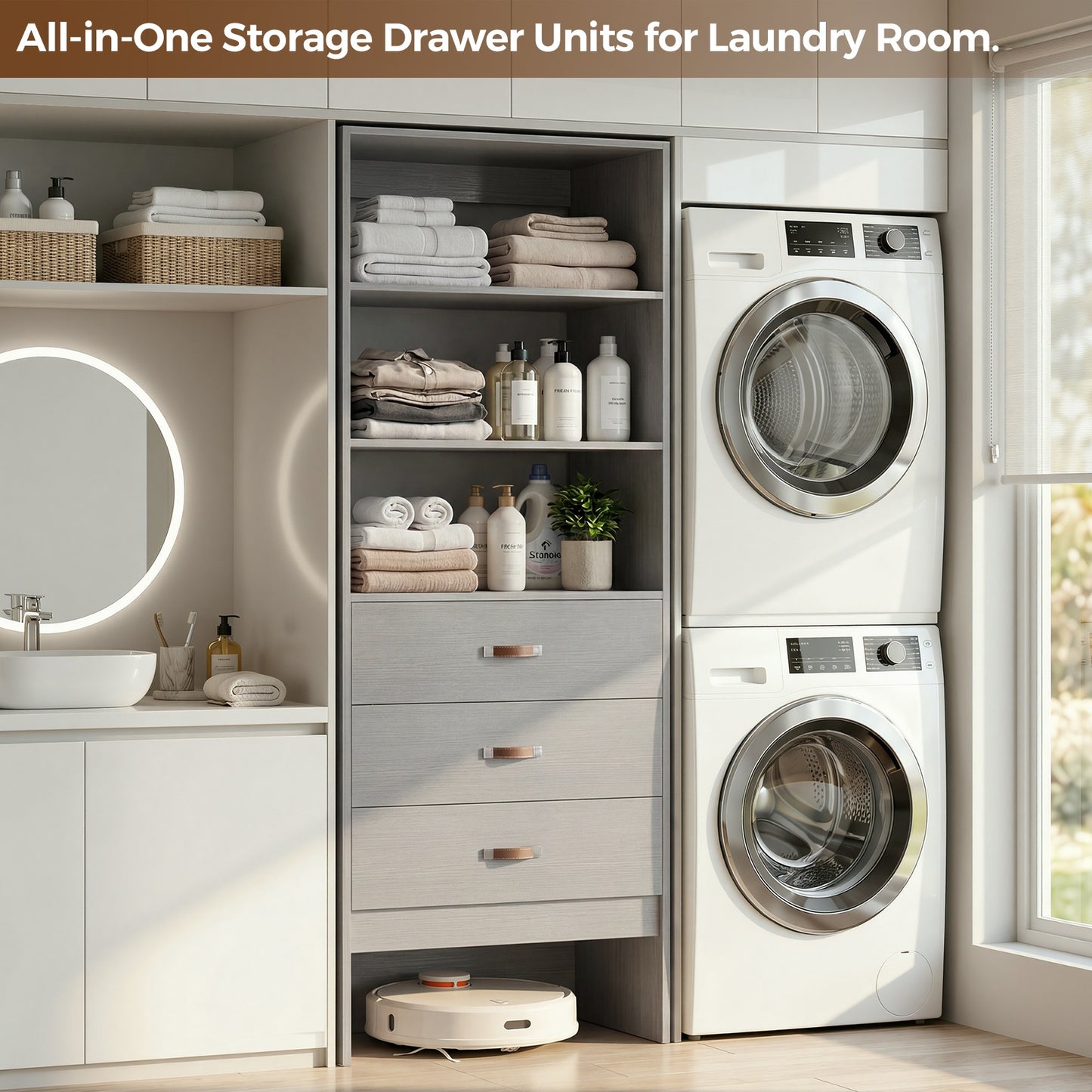 Freestanding 2FT Closet System with Leather Handles, 24" Walk-in Closets Storage Unit with Cabinet