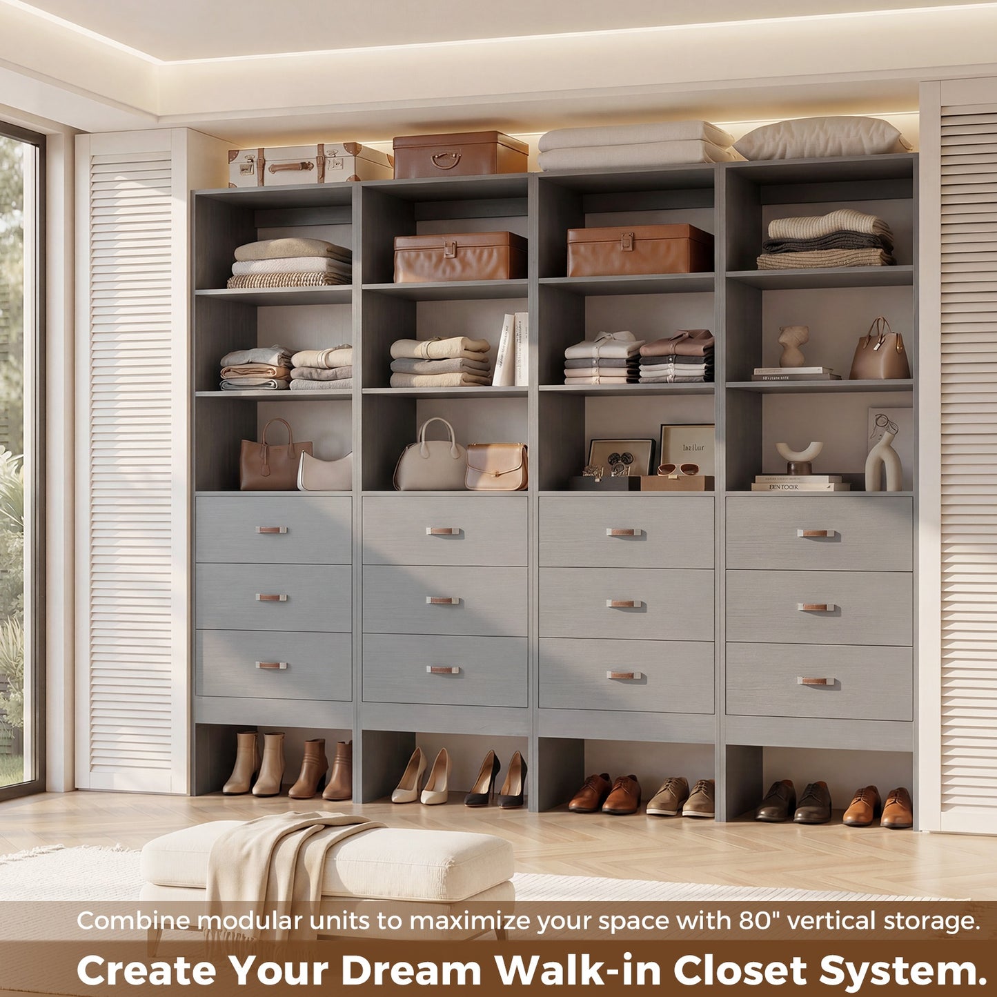 Freestanding 2FT Closet System with Leather Handles, 24" Walk-in Closets Storage Unit with Cabinet