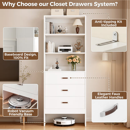Freestanding 2FT Closet System with Leather Handles, 24" Walk-in Closets Storage Unit with Cabinet