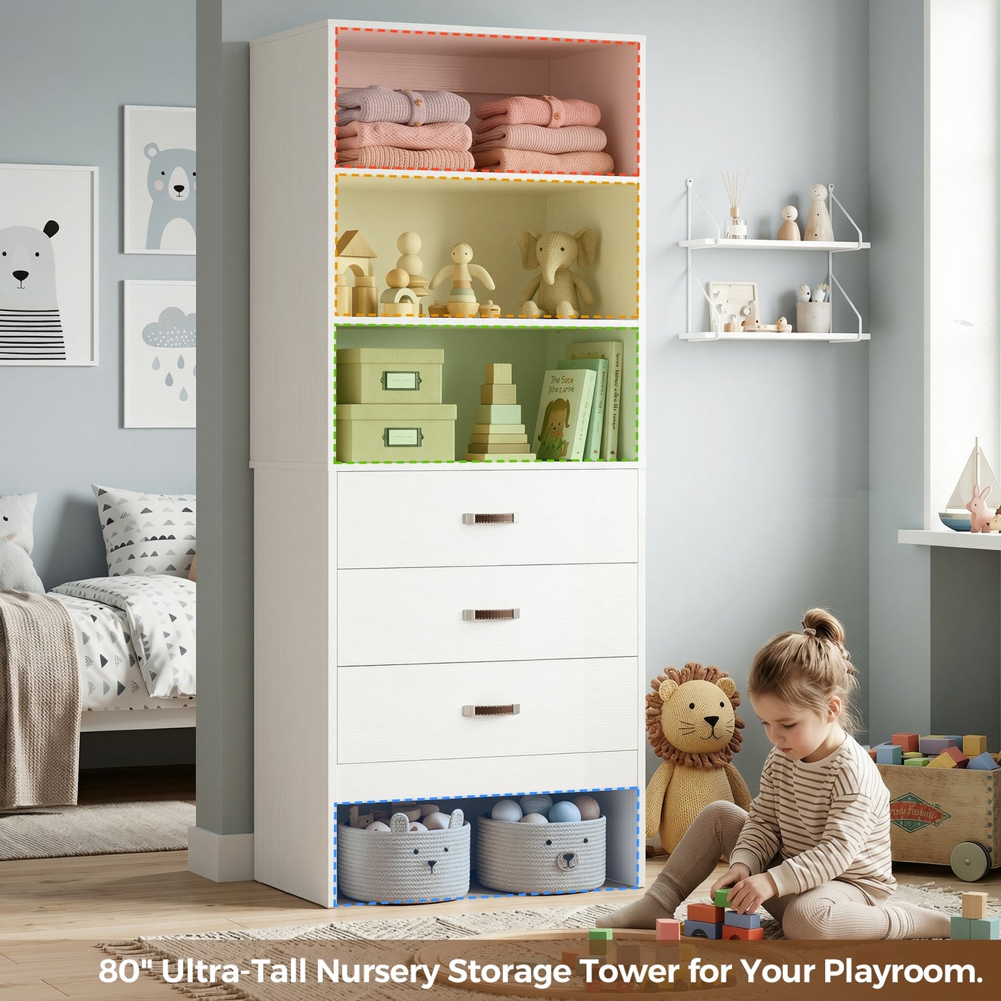 Freestanding 2FT Closet System with Leather Handles, 24" Walk-in Closets Storage Unit with Cabinet