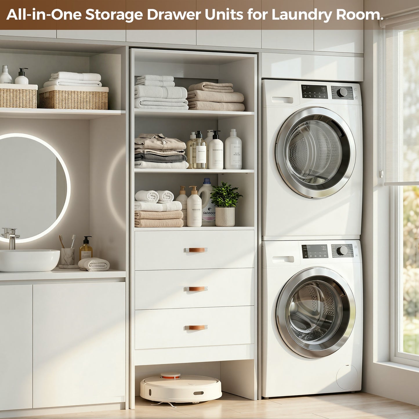 Freestanding 2FT Closet System with Leather Handles, 24" Walk-in Closets Storage Unit with Cabinet