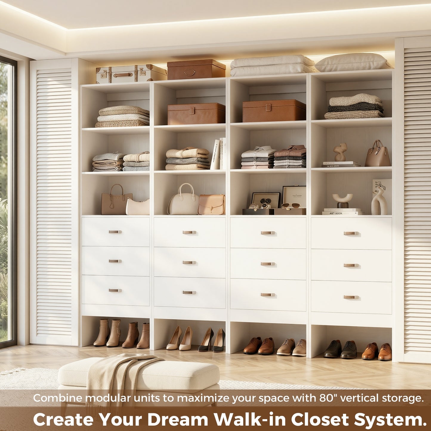 Freestanding 2FT Closet System with Leather Handles, 24" Walk-in Closets Storage Unit with Cabinet