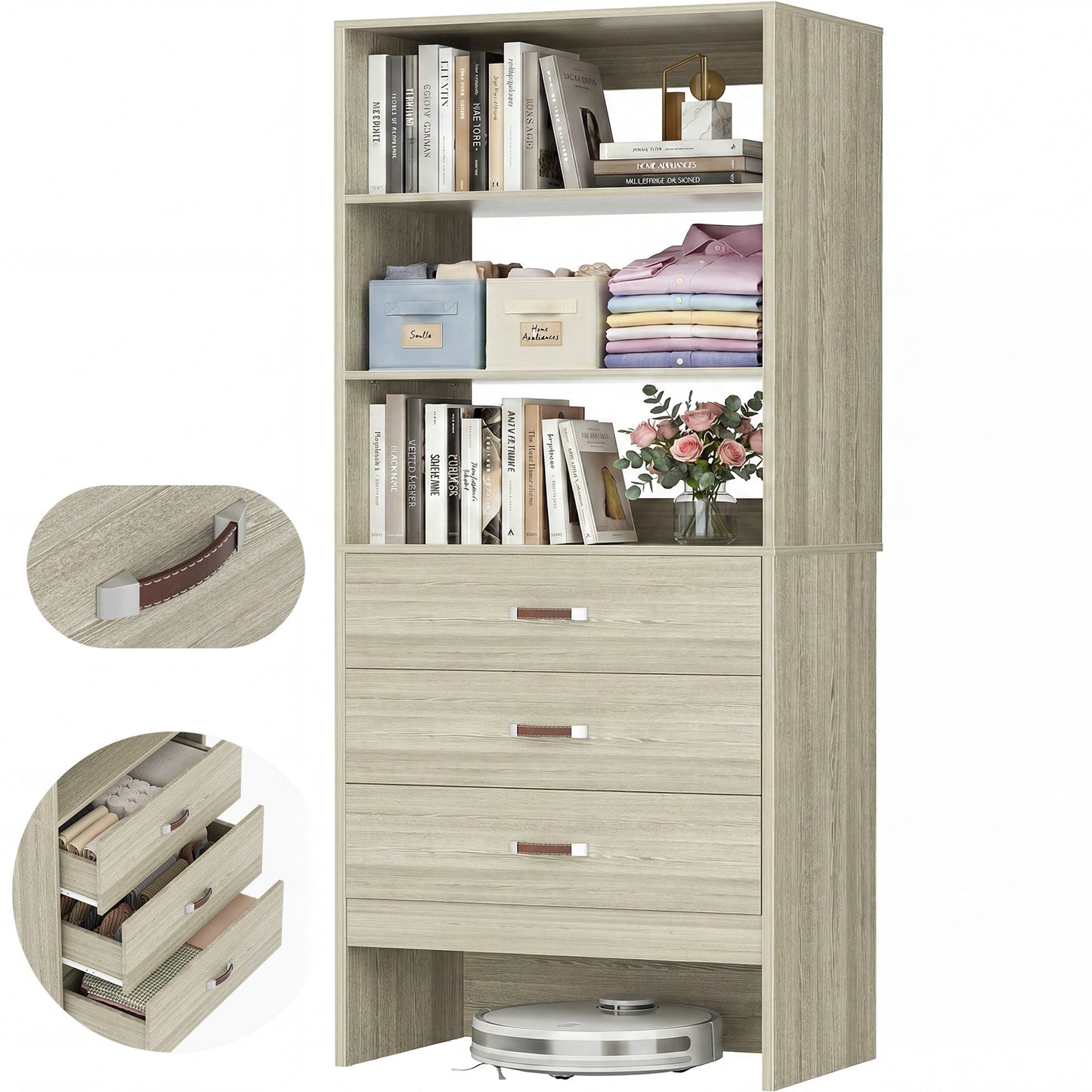 Freestanding 2FT Closet System with Leather Handles, 24" Walk-in Closets Storage Unit with Cabinet