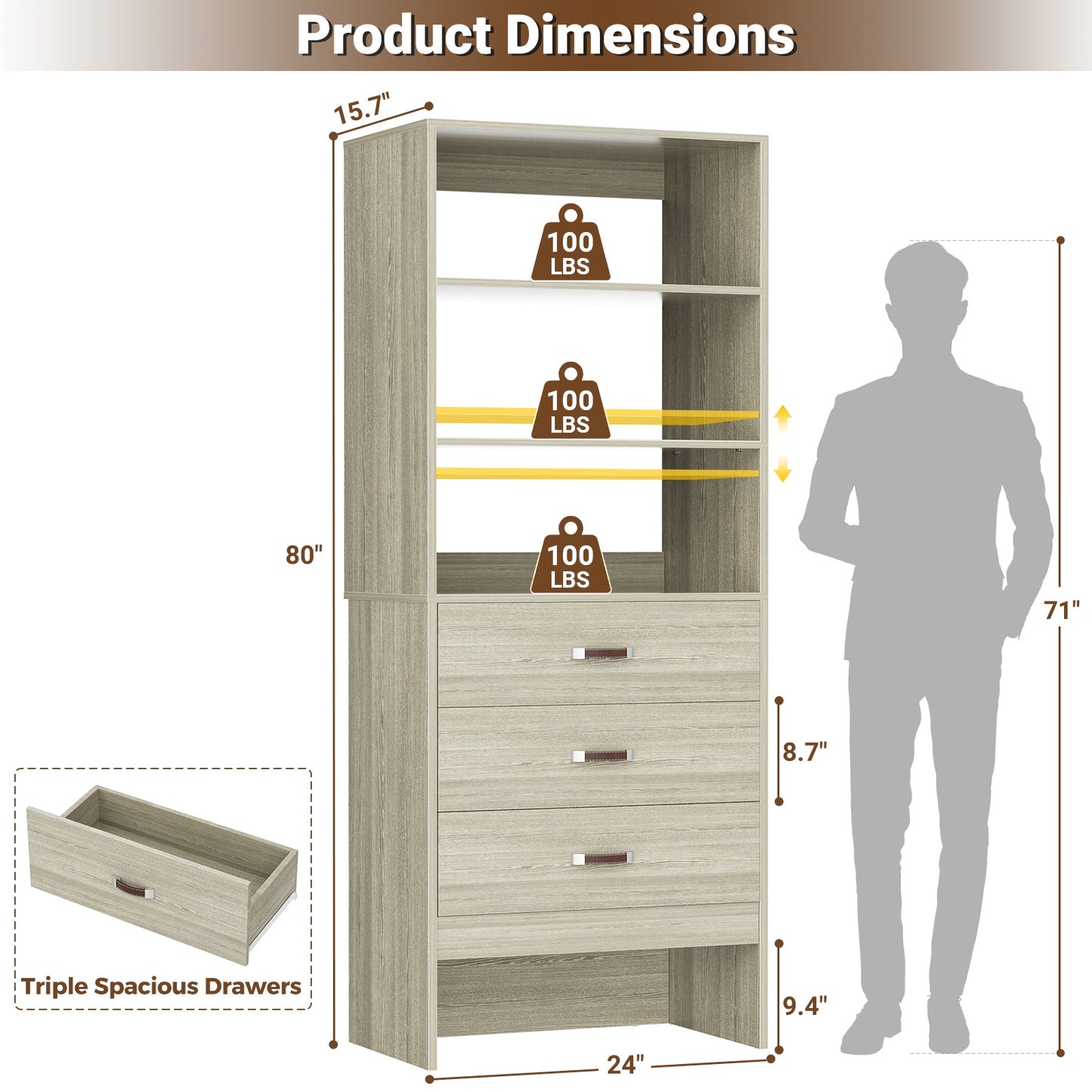 Freestanding 2FT Closet System with Leather Handles, 24" Walk-in Closets Storage Unit with Cabinet