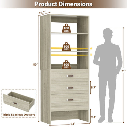 Freestanding 2FT Closet System with Leather Handles, 24" Walk-in Closets Storage Unit with Cabinet