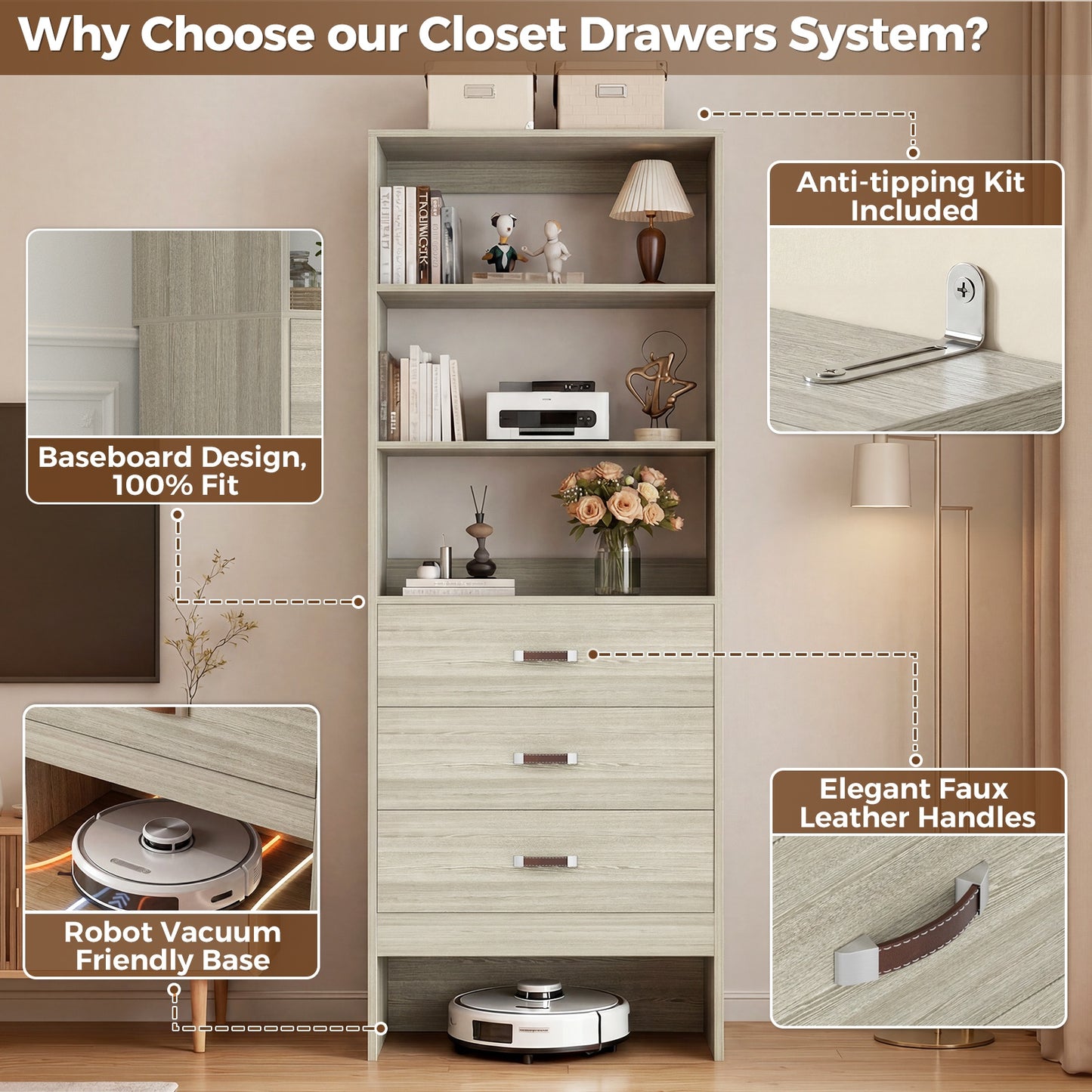 Freestanding 2FT Closet System with Leather Handles, 24" Walk-in Closets Storage Unit with Cabinet