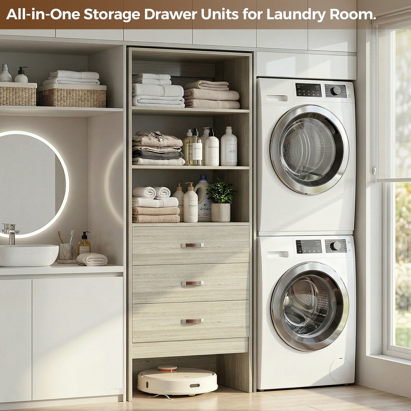 Freestanding 2FT Closet System with Leather Handles, 24" Walk-in Closets Storage Unit with Cabinet