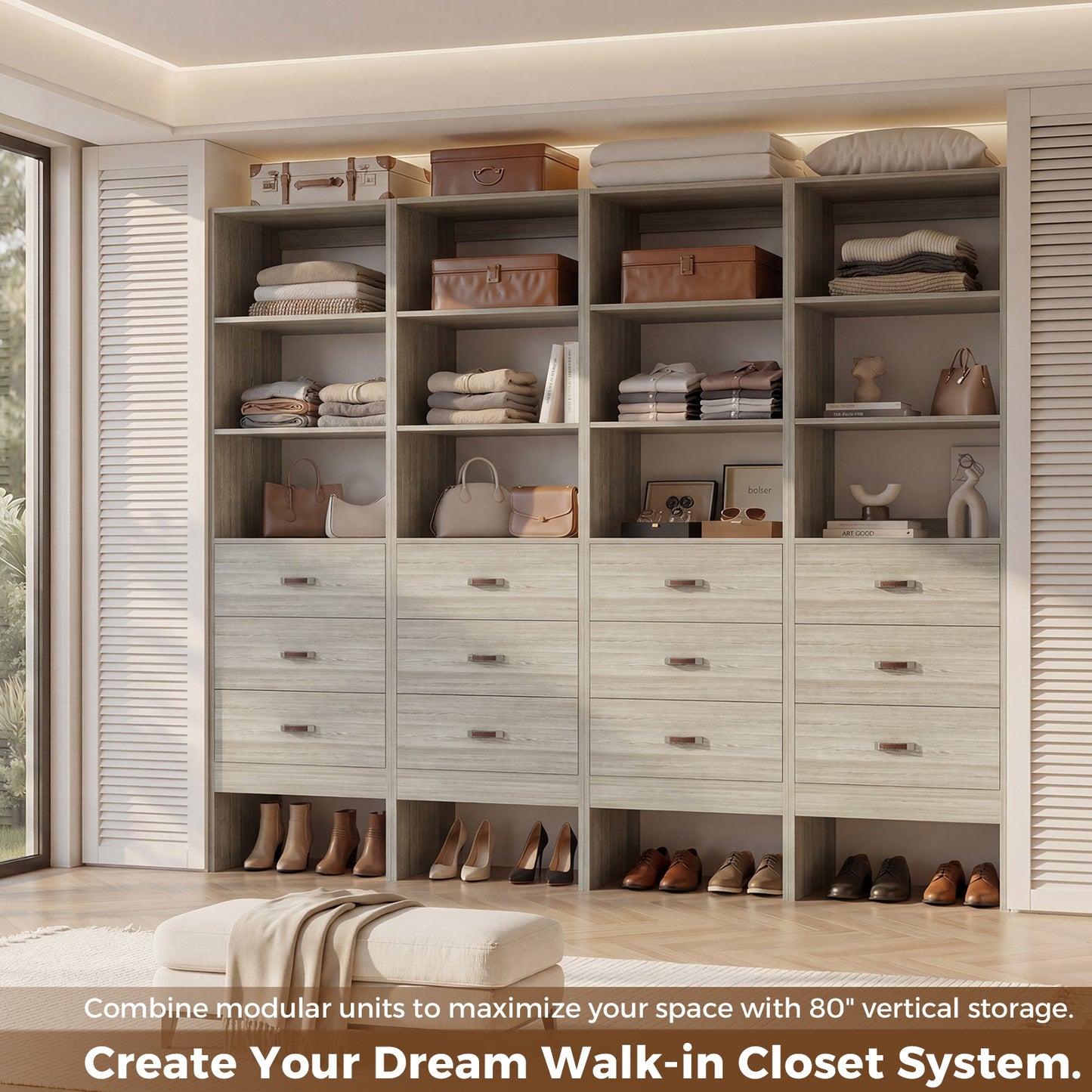 Freestanding 2FT Closet System with Leather Handles, 24" Walk-in Closets Storage Unit with Cabinet