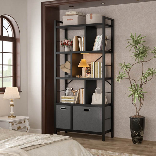 5 Tier Tall Geometric Bookcase with Drawers, for Living Room, Bedroom, Home Office