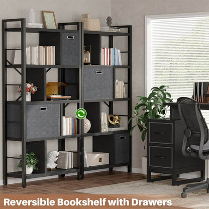 5 Tier Tall Geometric Bookcase with Drawers, for Living Room, Bedroom, Home Office