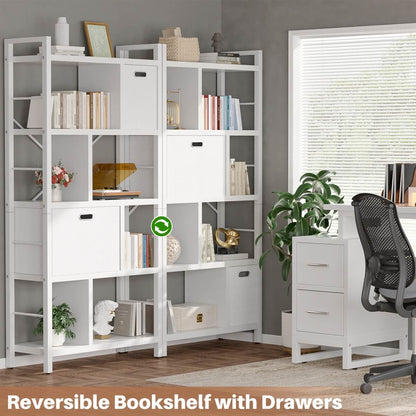 5 Tier Tall Geometric Bookcase with Drawers, for Living Room, Bedroom, Home Office