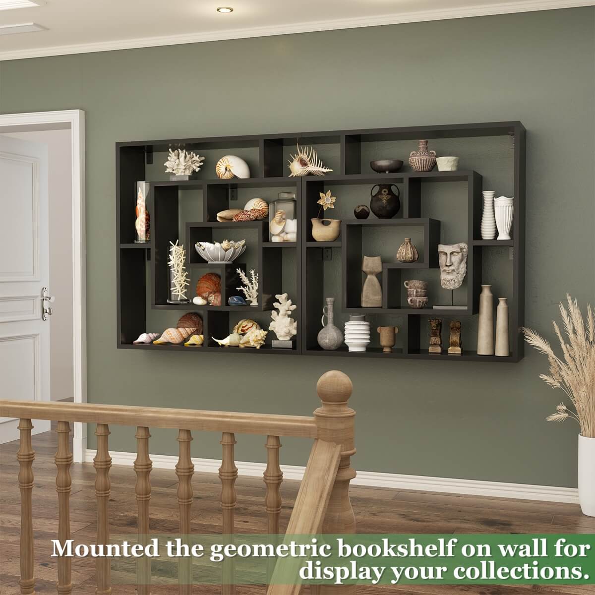5 Tier Geometric Bookcase, Wall Mounted Floating Book Shelves, 45.5"W * 47"H