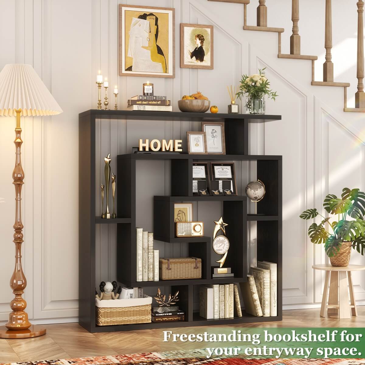 5 Tier Geometric Bookcase, Wall Mounted Floating Book Shelves, 45.5"W * 47"H