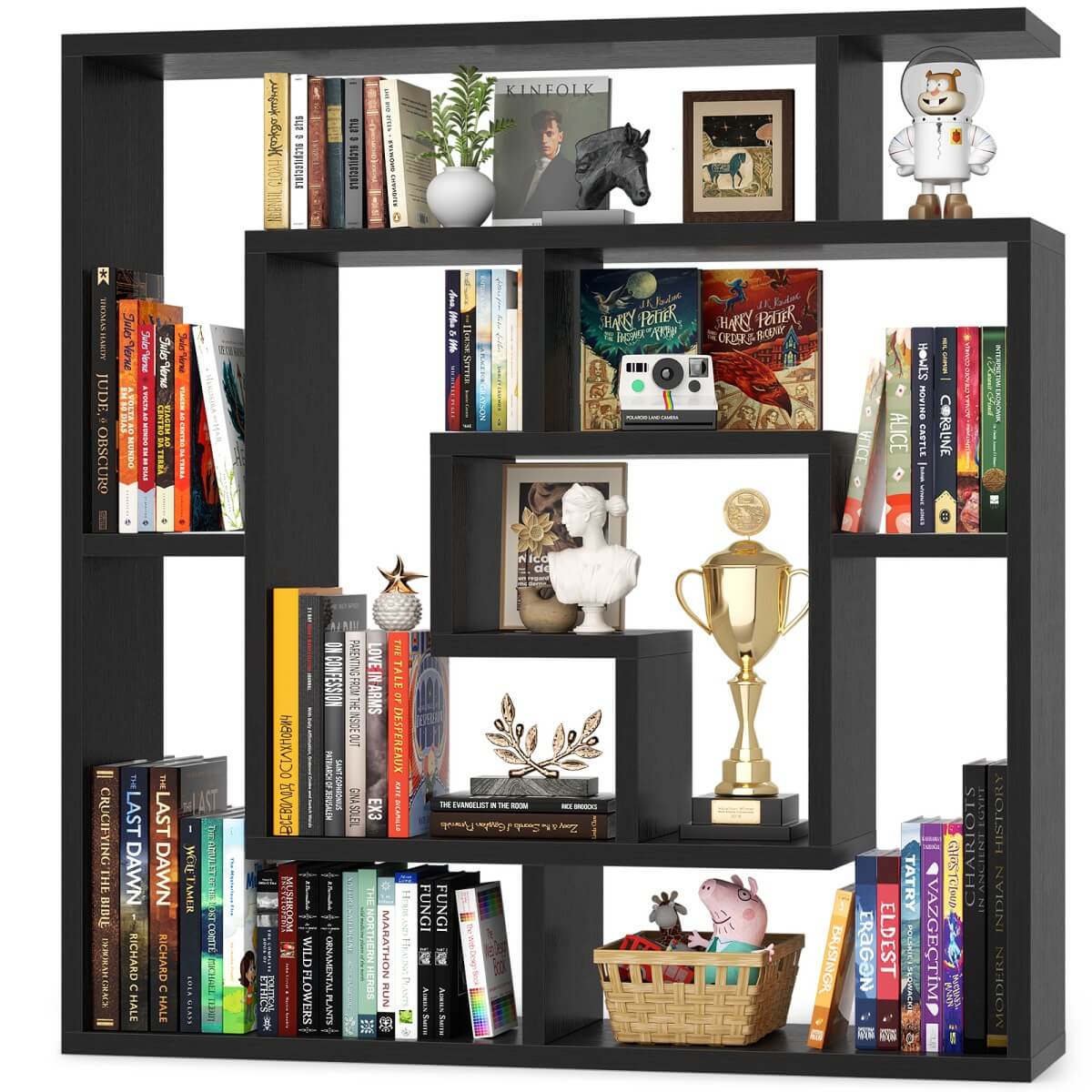 5 Tier Geometric Bookcase, Wall Mounted Floating Book Shelves, 45.5"W * 47"H