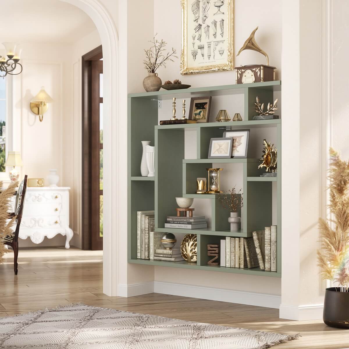 5 Tier Geometric Bookcase, Wall Mounted Floating Book Shelves, 45.5"W * 47"H