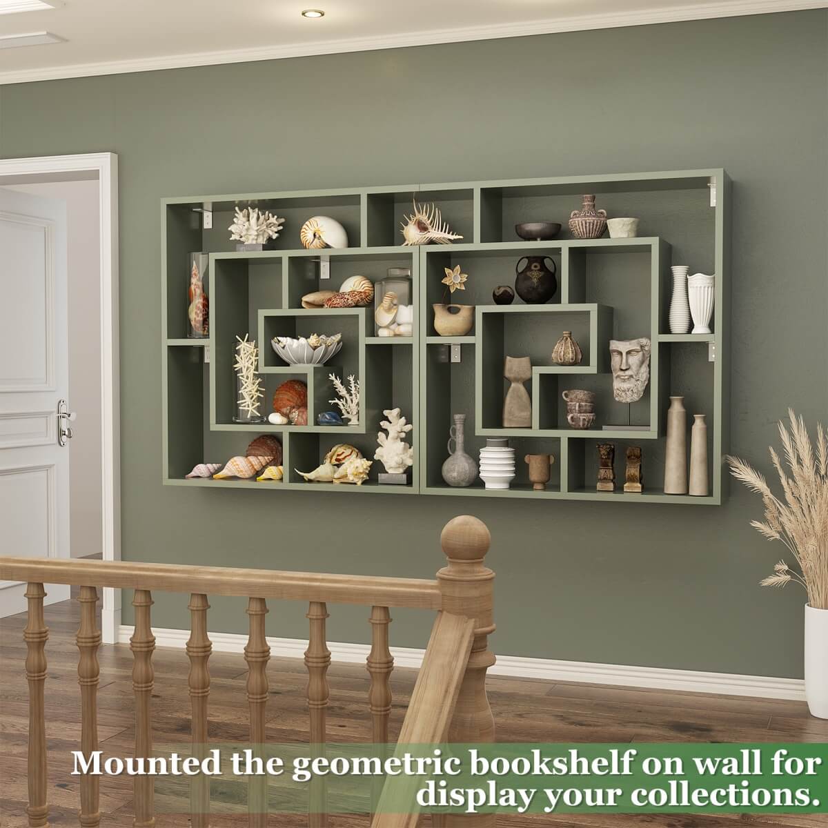 5 Tier Geometric Bookcase, Wall Mounted Floating Book Shelves, 45.5"W * 47"H