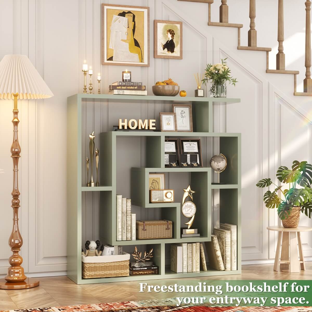 5 Tier Geometric Bookcase, Wall Mounted Floating Book Shelves, 45.5"W * 47"H