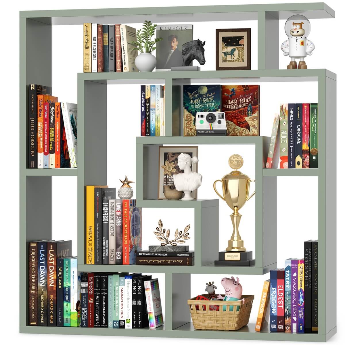 5 Tier Geometric Bookcase, Wall Mounted Floating Book Shelves, 45.5"W * 47"H