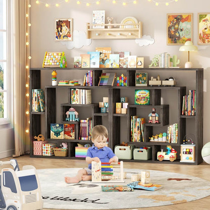 5 Tier Geometric Bookcase, Wall Mounted Floating Book Shelves, 45.5"W * 47"H