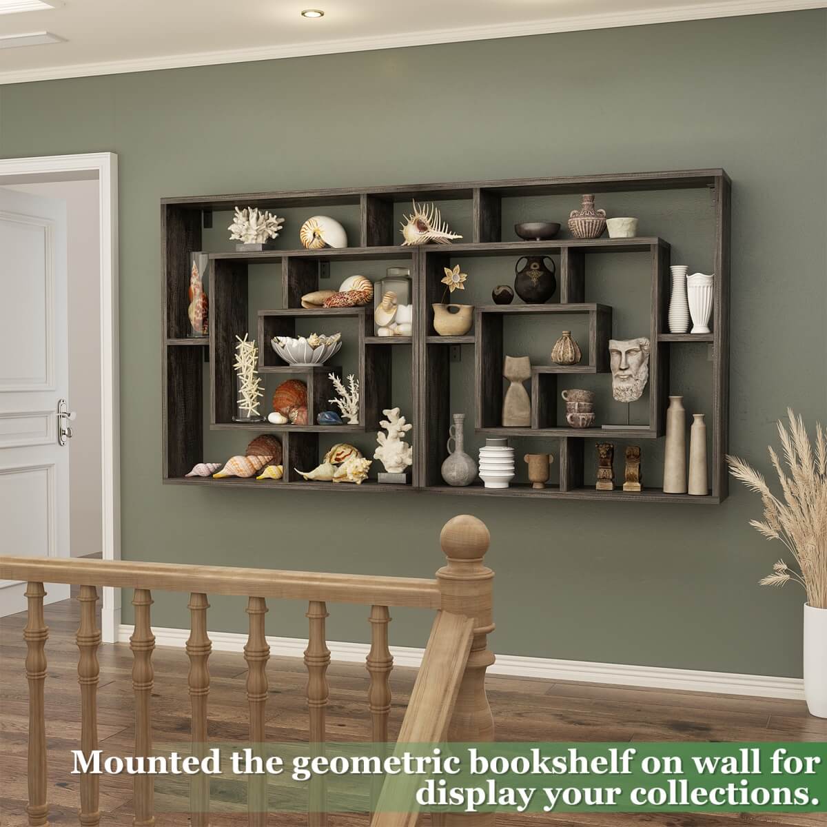 5 Tier Geometric Bookcase, Wall Mounted Floating Book Shelves, 45.5"W * 47"H