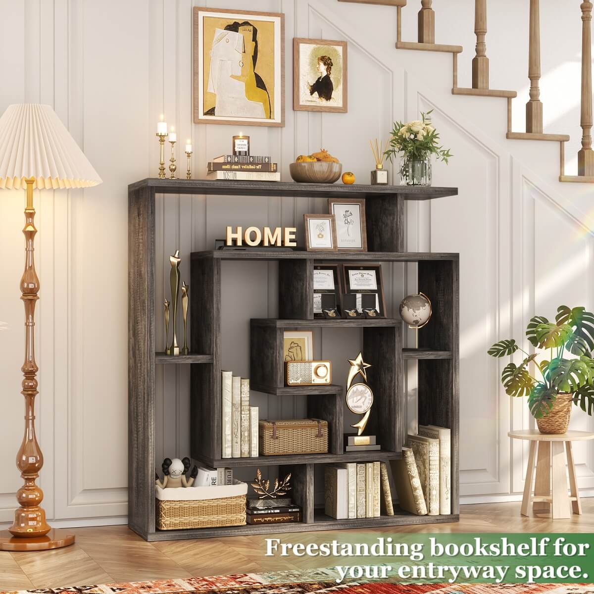 5 Tier Geometric Bookcase, Wall Mounted Floating Book Shelves, 45.5"W * 47"H