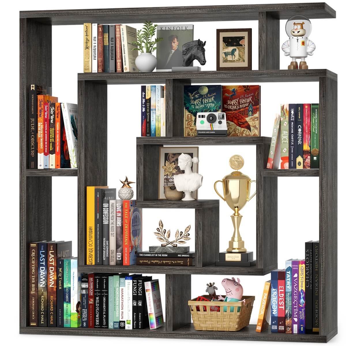 5 Tier Geometric Bookcase, Wall Mounted Floating Book Shelves, 45.5"W * 47"H