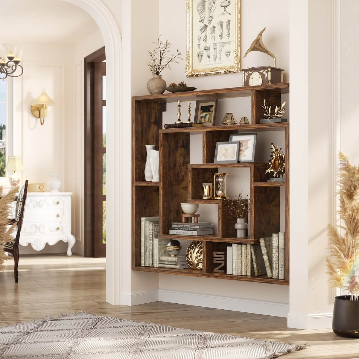 5 Tier Geometric Bookcase, Wall Mounted Floating Book Shelves, 45.5"W * 47"H