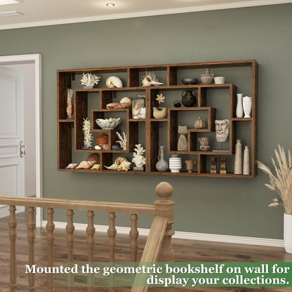 5 Tier Geometric Bookcase, Wall Mounted Floating Book Shelves, 45.5"W * 47"H