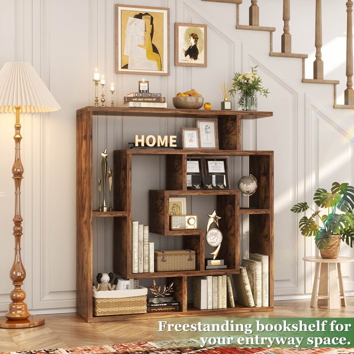 5 Tier Geometric Bookcase, Wall Mounted Floating Book Shelves, 45.5"W * 47"H