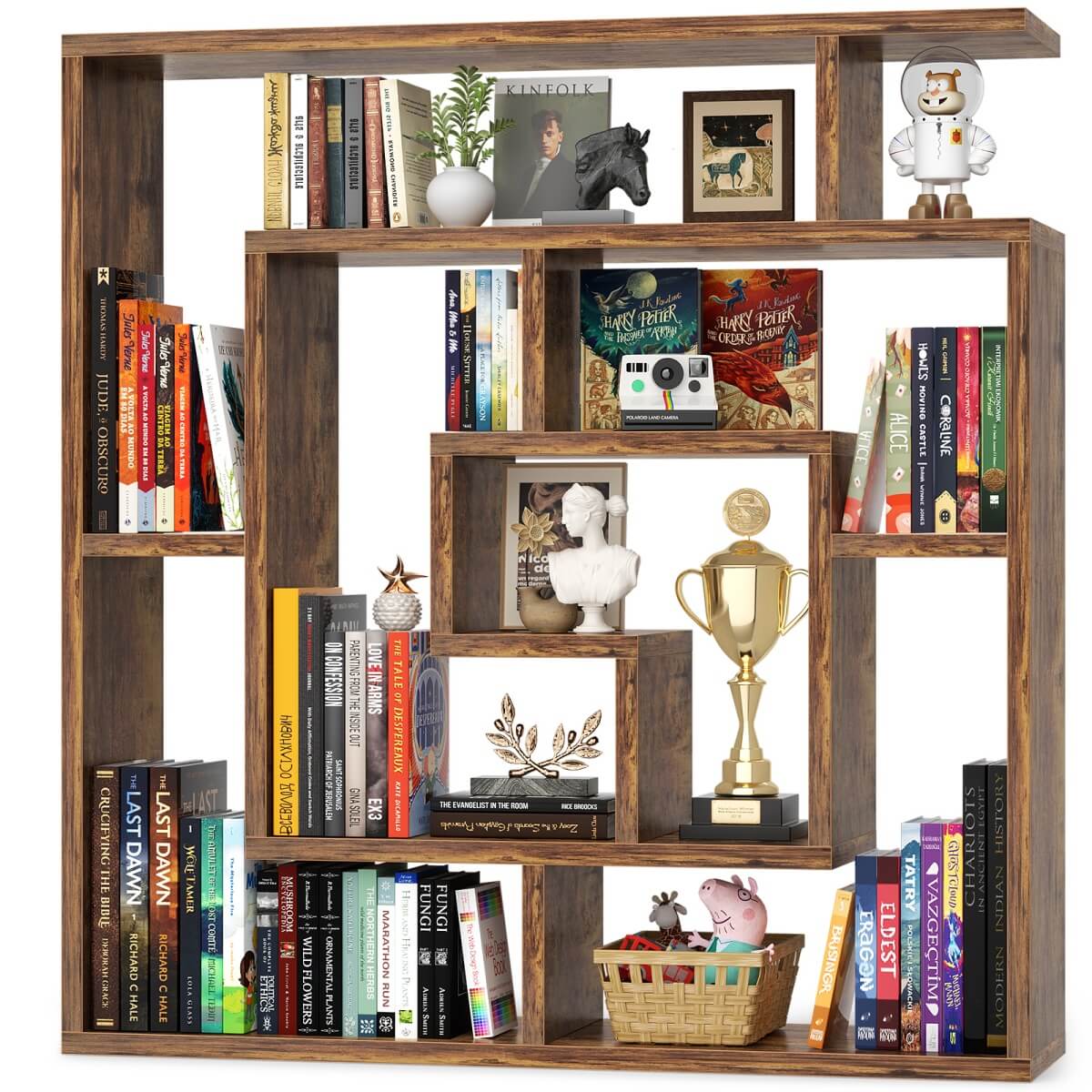 5 Tier Geometric Bookcase, Wall Mounted Floating Book Shelves, 45.5"W * 47"H