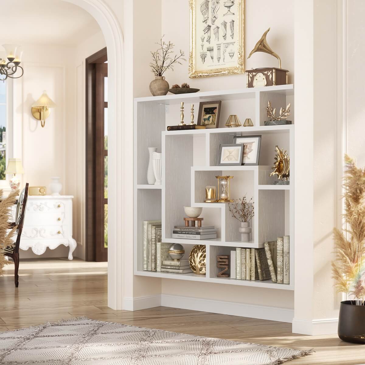 5 Tier Geometric Bookcase, Wall Mounted Floating Book Shelves, 45.5"W * 47"H